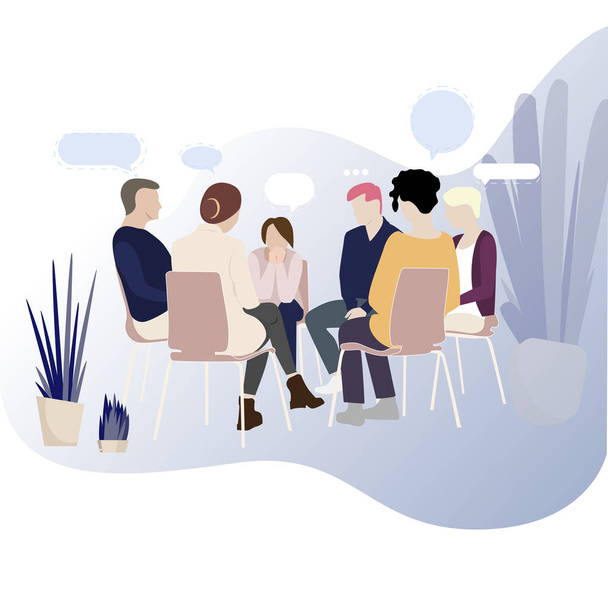 Group therapy for addiction people, support meeting psychology. Illustration group conversation psychotherapy, therapy session vector, psychological probelem in circle support - Vector, Image