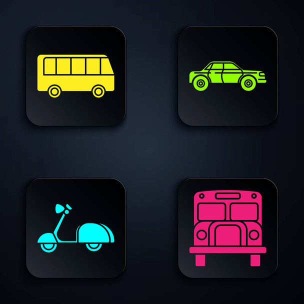 Set School Bus, Bus, Scooter and Sedan car. Black square button. Vector - Vettoriali, immagini