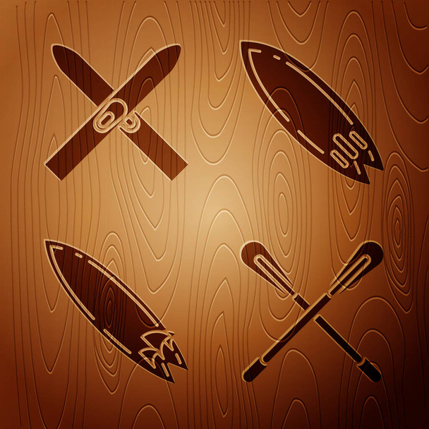 Set Paleta cruzada, Esquí y bastones, Tabla de surf y tabla de surf sobre fondo de madera. Vector
 - Vector, Imagen