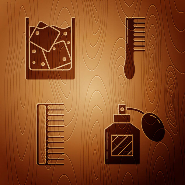 Set Aftershave, Glas whisky en ijsblokjes, Haarborstel en Haarborstel op houten ondergrond. Vector - Vector, afbeelding
