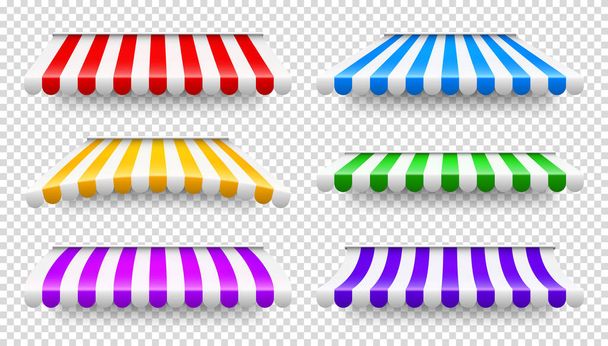 Shop sunshade. Realistic striped cafe awning. Outdoor market tent. Roof canopy. Summer street store. Vector illustration. - Vector, Image