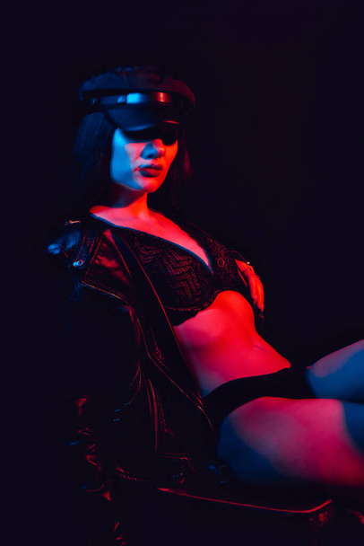 sexy Nude girl in leather jacket and cap in underwear - 写真・画像