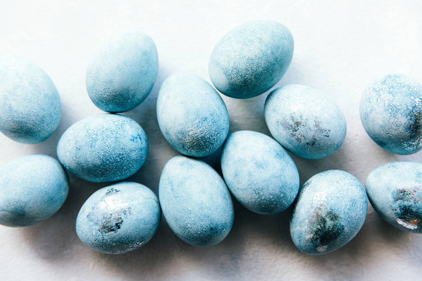 Group ombre blue Easter eggs isolated on white background. Dyed Easter eggs.Compositions in pastel colors. Easter consept. Flat lay, top view. Copy space. - Fotó, kép