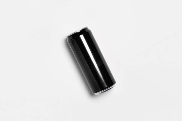 Aluminum black Soda Can Mock-up isolated on light gray background. High-resolution photo.Top view. - Photo, Image