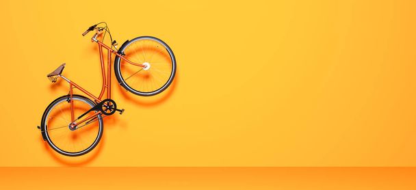 Ecological urban transport.Vintage bicycle room against wall.Studio photography.Minimal style.Copy space. 3D render bike conceptual illustration. - 写真・画像