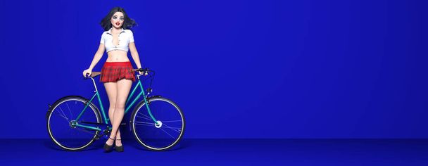 Girl skirt on bicycle.Ecological urban transport.Vintage bicycle room against wall.Studio photography.Minimal style.Copy space. 3D render bike illustration.Modern trend color 2020-Phantom Blue - Фото, изображение