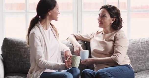 Mature mother and young daughter talking drinking tea on sofa - Záběry, video
