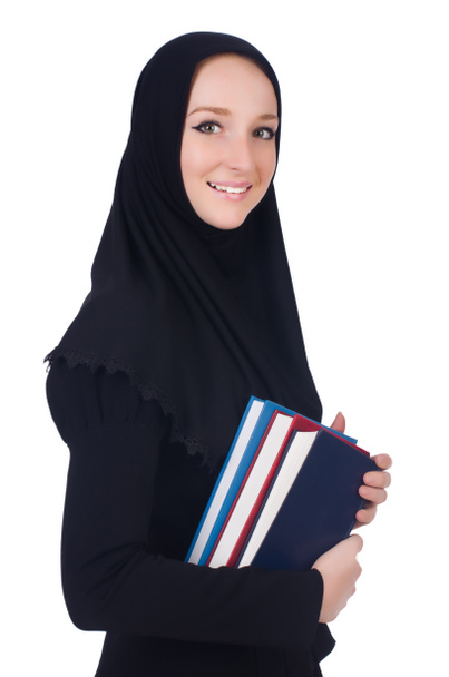 Young muslim student with books on white - Valokuva, kuva
