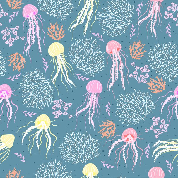 Zökkenőmentes minta medúzákkal és korallokkal pasztell színekben. Vektorkép. - Vektor, kép