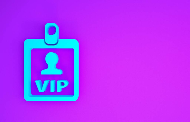Icono azul de la insignia VIP aislado sobre fondo morado. Concepto minimalista. 3D ilustración 3D render
 - Foto, imagen