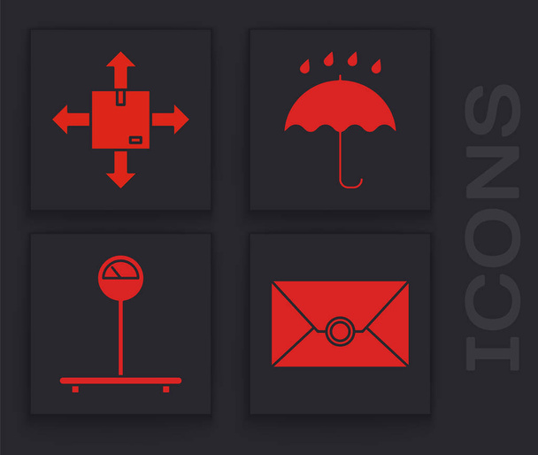 Set sobre, caja de cartón con símbolo de tráfico, paraguas y gotas de lluvia e icono de escala. Vector
 - Vector, imagen