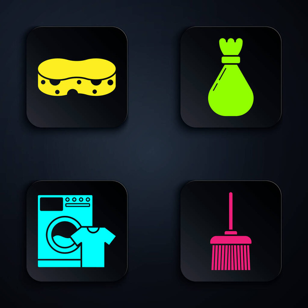 Встановити портфель, "Спондж", "Вашер", футболку і мішок для сміття. Чорна квадратна кнопка. Вектор - Вектор, зображення