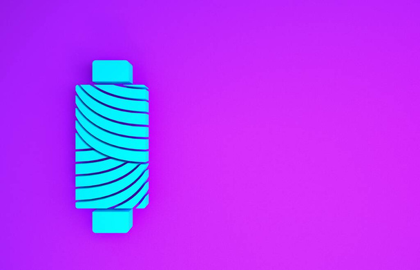 Blue Sewing thread on spool icon isolated on purple background. Yarn spool. Thread bobbin. Minimalism concept. 3d illustration 3D render - Photo, Image