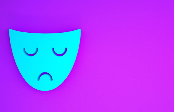 Drama azul máscara teatral icono aislado sobre fondo púrpura. Concepto minimalista. 3D ilustración 3D render
 - Foto, imagen