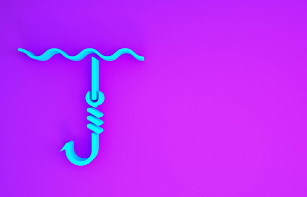 Синій рибний гачок під водяним іконом ізольований на фіолетовому фоні. Рибна ловля. Концепція мінімалізму. 3d Illustrated 3d render - Фото, зображення