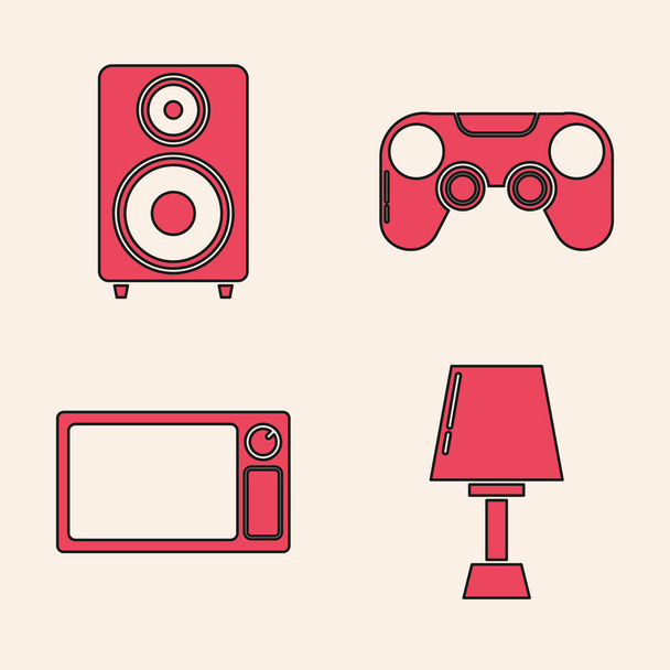 Set Table lamp , Stereo speaker , Gamepad  and Microwave oven  icon. Vector - Vector, Image