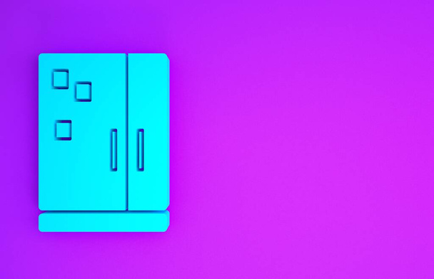 Blaues Kühlschranksymbol isoliert auf lila Hintergrund. Kühlschrank mit Gefrierfach Kühlschrank. Haushaltstechnologie und Haushaltsgeräte. Minimalismus-Konzept. 3D Illustration 3D Renderer - Foto, Bild