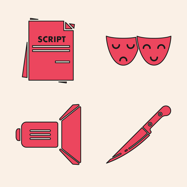 Set Knife, Escenario, Comedia y tragedia máscaras teatrales e icono del proyector de cine. Vector
 - Vector, imagen
