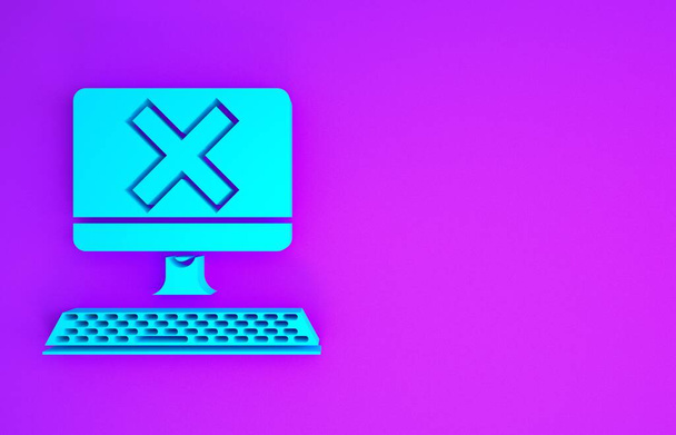 Kék Számítógép billentyűzet és x jel ikon elszigetelt lila háttér. Hibaablak, kilépő gomb, lemondás, 404 hibaoldal nem található koncepció. Minimalizmus koncepció. 3d illusztráció 3d render - Fotó, kép