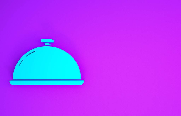 Blu Coperto con un vassoio di icona del cibo isolato su sfondo viola. Segnale vassoio e coperchio. Cloche ristorante con coperchio. simbolo degli utensili da cucina. Concetto minimalista. Illustrazione 3d rendering 3D
 - Foto, immagini