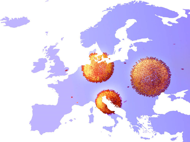 koronavirus, Euroopan kartta, covid-19, vaarallinen influenssaviruskanta pandemian lääketieteellisen terveysriskin käsite, jossa taudin solut 3D-renderöinti, oireet, Eurooppa
 - Valokuva, kuva