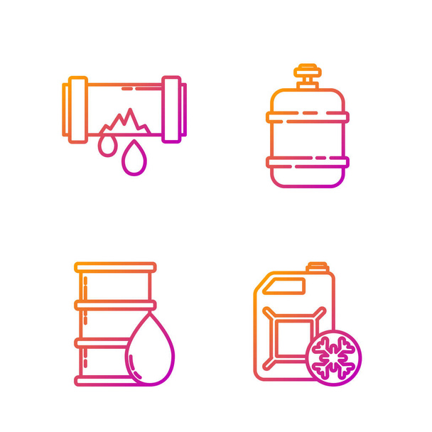 Set line Antifreeze canister, Barrel oil, Broken metal pipe with leaking water and Propane gas tank. Gradient color icons. Vector - Vettoriali, immagini