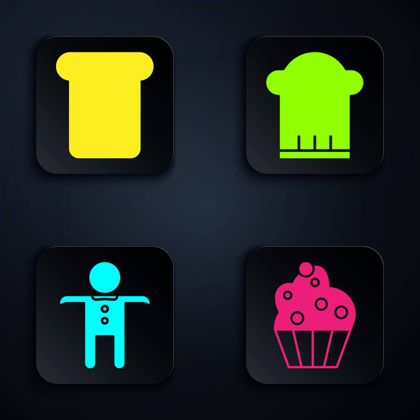 Set Cupcake , Bread toast, Holiday gingerbread man cookie  and Chef hat . Black square button. Vector - Vector, imagen