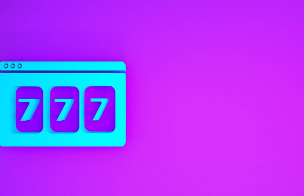 Blauer Online-Spielautomat mit glücklichem Siebener-Jackpot-Symbol auf violettem Hintergrund. Online-Casino. Minimalismus-Konzept. 3D Illustration 3D Renderer - Foto, Bild