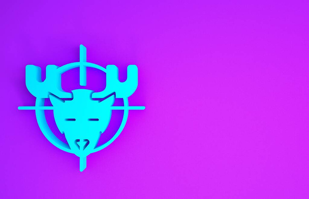Caccia blu su alce con icona a croce isolata su sfondo viola. Logo del club di caccia con alce e bersaglio. Lente del fucile che punta un alce. Concetto minimalista. Illustrazione 3d rendering 3D
 - Foto, immagini