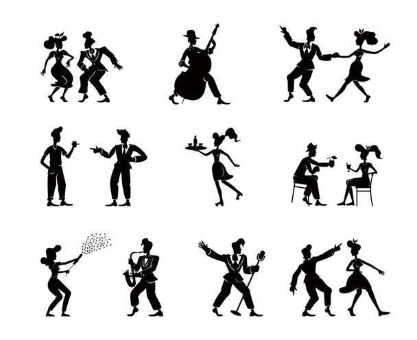 Retro women and men black silhouette illustrations kit. Old fashioned people in cool poses. Rock n roll dancers and jazz musicians 2d cartoon characters shapes set for commercial, animation, printing - Vector, Image