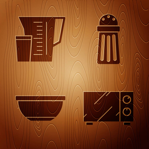 Definir forno de microondas, copo de medição, tigela e sal no fundo de madeira. Vetor
 - Vetor, Imagem