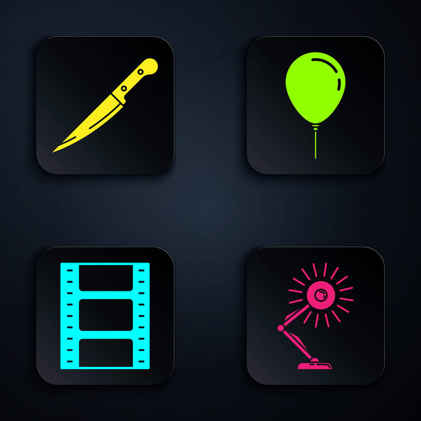 Set Table lamp , Knife , Play Video  and Balloon with ribbon . Black square button. Vector - Vektor, obrázek