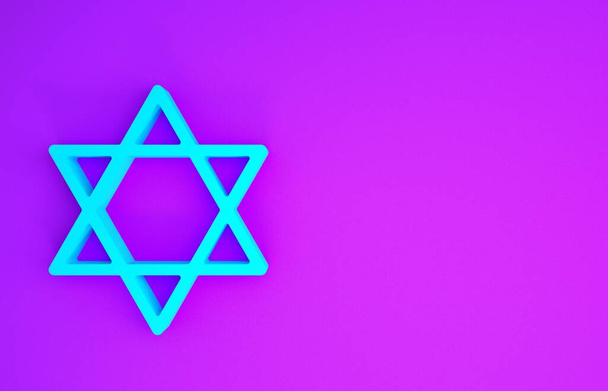 青色のダビデの星のアイコンは紫色の背景に隔離されました。ユダヤ教のシンボル。イスラエルの象徴。最小限の概念。3Dイラスト3Dレンダリング - 写真・画像