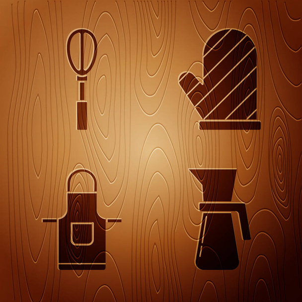 Set Měřicí pohár, Kuchyně whisk, Kuchyňská zástěra a Pečicí rukavice na dřevěném pozadí. Vektor - Vektor, obrázek