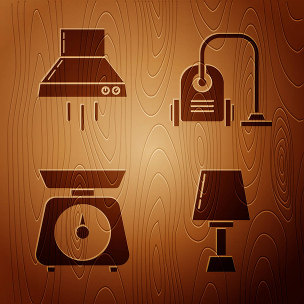 Σετ επιτραπέζιο φωτιστικό, ανεμιστήρα απορροφητήρα κουζίνας, κλίμακες και ηλεκτρική σκούπα σε ξύλινο φόντο. Διάνυσμα - Διάνυσμα, εικόνα