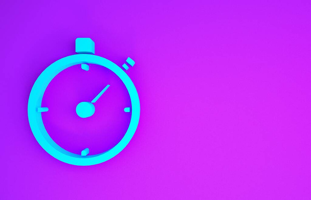 Niebieska ikona Stopwatch na fioletowym tle. Znak czasowy. Znak chronometryczny. Koncepcja minimalizmu. Ilustracja 3D 3D renderowania - Zdjęcie, obraz