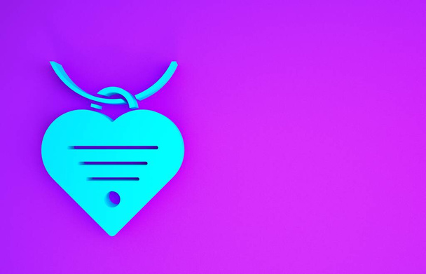 Col bleu avec étiquette de nom et icône de coeur isolé sur fond violet. Fournitures simples pour animaux domestiques. Soins des chats et des chiens. Chaînes pour animaux. Concept de minimalisme. Illustration 3D rendu 3D
 - Photo, image