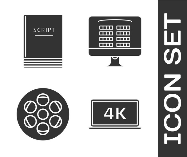 Set Laptop screen with 4k video technology, Scenario, Film reel and Buy cinema ticket online icon. Вектор
 - Вектор,изображение
