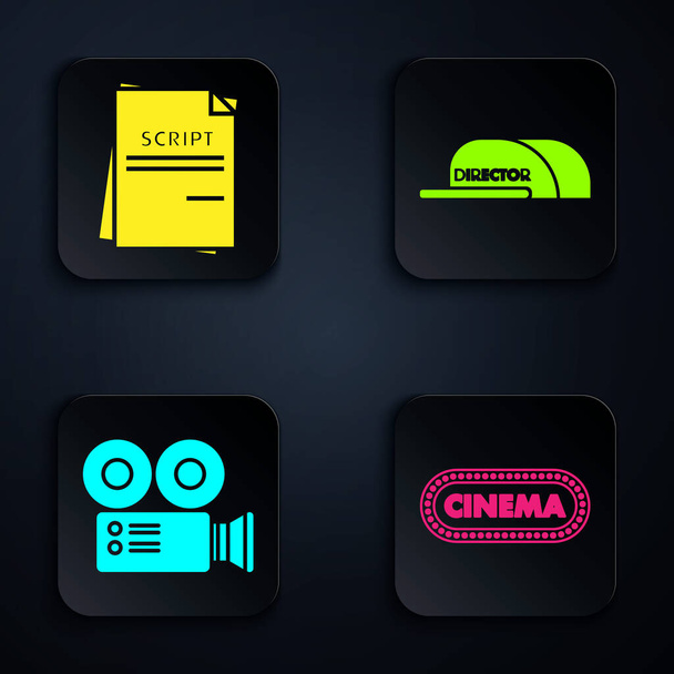 Set Cinema poster design template , Scenario , Cinema camera  and Cap with inscription director . Black square button. Vector - Διάνυσμα, εικόνα