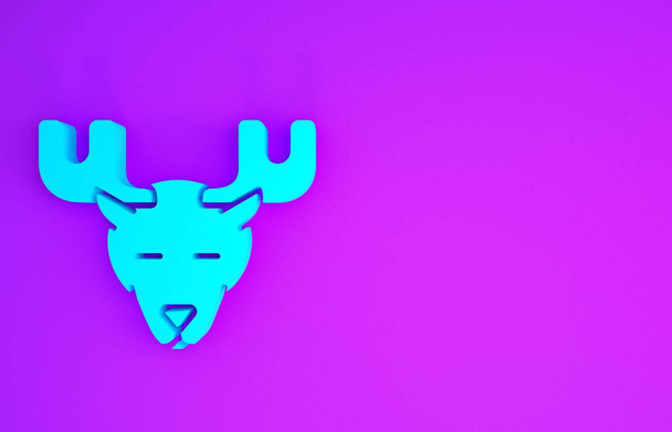 Блакитна Лося голова з рогами, ізольованими на фіолетовому фоні. Концепція мінімалізму. 3d Illustrated 3d render - Фото, зображення