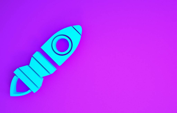 Cohete azul con icono de fuego aislado sobre fondo púrpura. Viaje espacial. Concepto minimalista. 3D ilustración 3D render
 - Foto, Imagen