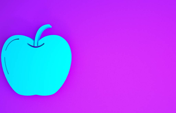 Blue Apple icon isolated on purple background. Fruit with leaf symbol. Minimalism concept. 3d illustration 3D render - Photo, Image