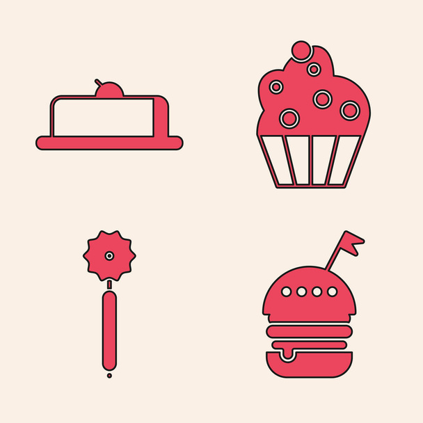 Set Burger , Strawberry cheesecake slice, Cupcake  and Pizza knife  icon. Vector - Vector, Image