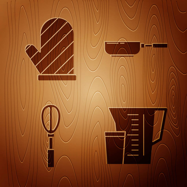 Set Tasse à mesurer, gant de four, fouet de cuisine et poêle sur fond en bois. Vecteur
 - Vecteur, image