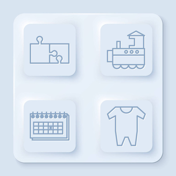 Set line Piece of puzzle, Toy train, Calendar and Baby clothes. White square button. Vector - Vector, Image