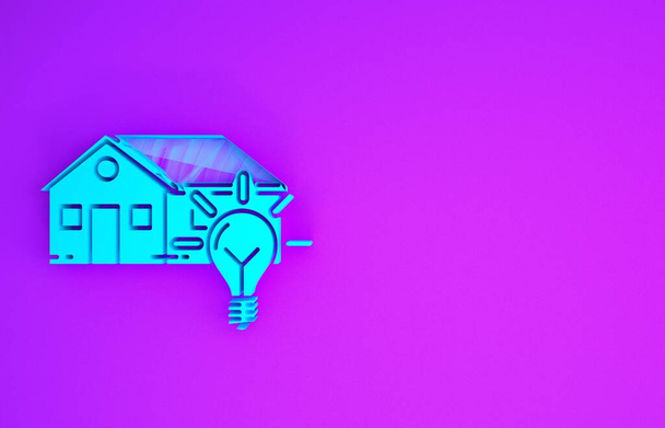 Синий умный дом и иконка лампочки изолированы на фиолетовом фоне. Концепция минимализма. 3D-рендеринг
 - Фото, изображение