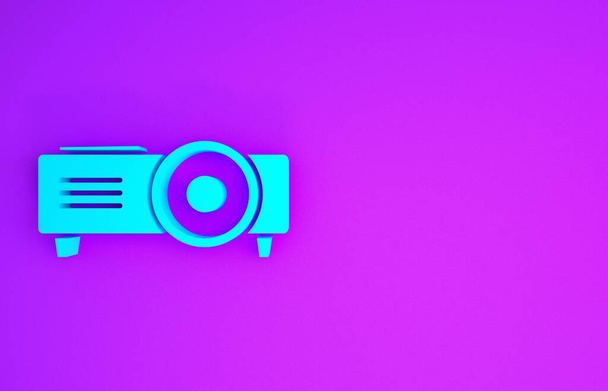 青のプレゼンテーション、映画、映画、メディアプロジェクターのアイコンは、紫色の背景に隔離された。最小限の概念。3Dイラスト3Dレンダリング - 写真・画像