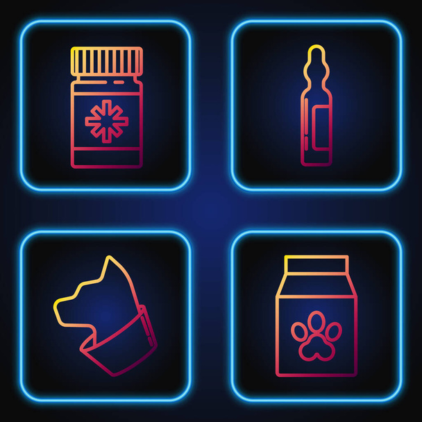 Σετ γραμμή τσάντα των τροφίμων για το κατοικίδιο ζώο, Cat, Dog μπουκάλι φάρμακο και χάπια και τα κατοικίδια ζώα φιαλίδιο ιατρική. Κλιμακωτές έγχρωμες εικόνες. Διάνυσμα - Διάνυσμα, εικόνα
