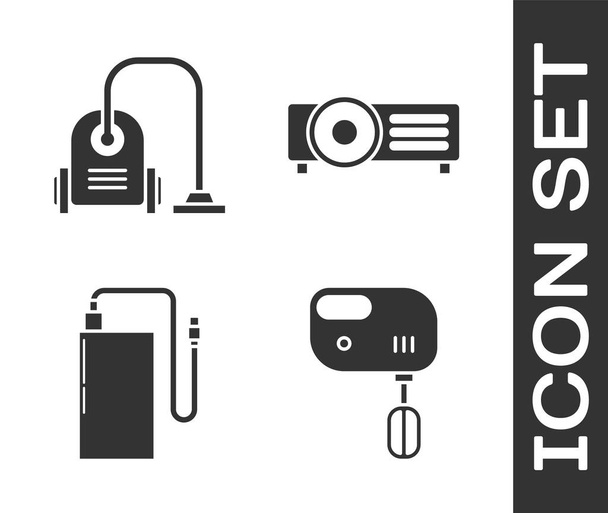 Set Elektrischer Mixer, Staubsauger, Powerbank mit verschiedenen Ladekabel und Präsentation, Film, Film, Medienprojektor-Symbol. Vektor - Vektor, Bild