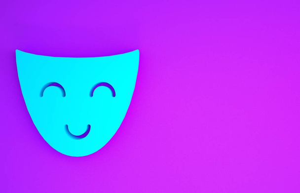 Blue Comedy theatrical mask icon isolated on purple background. Minimalism concept. 3d illustration 3D render - Photo, Image